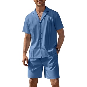 COOFANDY Mens 2 Piece Short Set Guayabera Button Down Shirt Casual Outfits(Royal Blue)