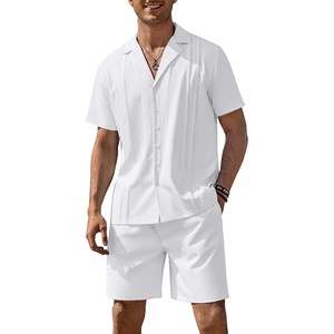 COOFANDY Mens 2 Piece Short Set Guayabera Button Down Shirt Casual Outfits(White)