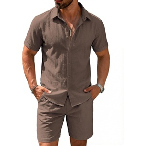 COOFANDY Men’s 2 Pieces Cotton Linen Set Short Sleeve Button Down Shirts Summer Beach Shorts Casual Outfits(Brown)