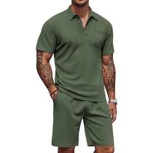 COOFANDY Men’s 2 Pieces Outfits Waffle Knit Polo Shirt and Shorts Set(Army Green)