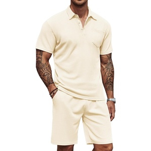 COOFANDY Men’s 2 Pieces Outfits Waffle Knit Polo Shirt and Shorts Set(Beige)