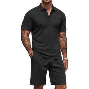 COOFANDY Men’s 2 Pieces Outfits Waffle Knit Polo Shirt and Shorts Set(Black)