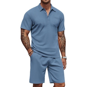 COOFANDY Men’s 2 Pieces Outfits Waffle Knit Polo Shirt and Shorts Set(Blue)