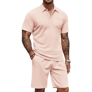 COOFANDY Men’s 2 Pieces Outfits Waffle Knit Polo Shirt and Shorts Set(Light Pink)