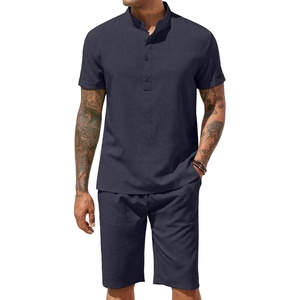 COOFANDY Men’s 2 Pieces Set Short Sleeve Henley Shirts and Shorts Set Texture Summer Beach Vacation Outfits(Navy Blue)
