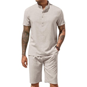 COOFANDY Men’s 2 Pieces Set Short Sleeve Henley Shirts and Shorts Set Texture Summer Beach Vacation Outfits(Stone)