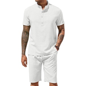 COOFANDY Men’s 2 Pieces Set Short Sleeve Henley Shirts and Shorts Set Texture Summer Beach Vacation Outfits(White)