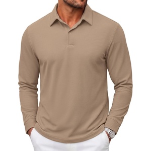COOFANDY Mens Polo Shirts Long Sleeve Cotton Pique Casual Button Polo Tee(A-khaki)