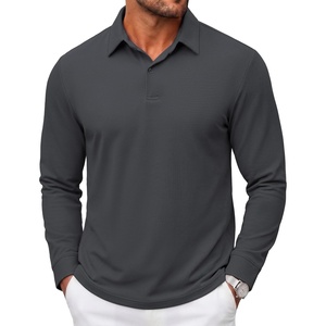 COOFANDY Mens Polo Shirts Long Sleeve Cotton Pique Casual Button Polo Tee(Dark Grey)