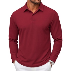 COOFANDY Mens Polo Shirts Long Sleeve Cotton Pique Casual Button Polo Tee(Dark Red)