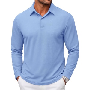COOFANDY Mens Polo Shirts Long Sleeve Cotton Pique Casual Button Polo Tee(Light Blue)