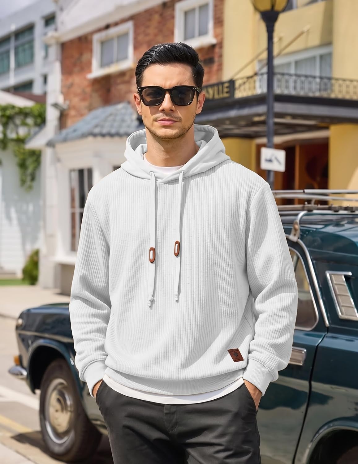 image:imageCOOFANDY Men Hoodies Sweatshirt Casual Long Sleeve Drawstring Hood PulloverAwhite