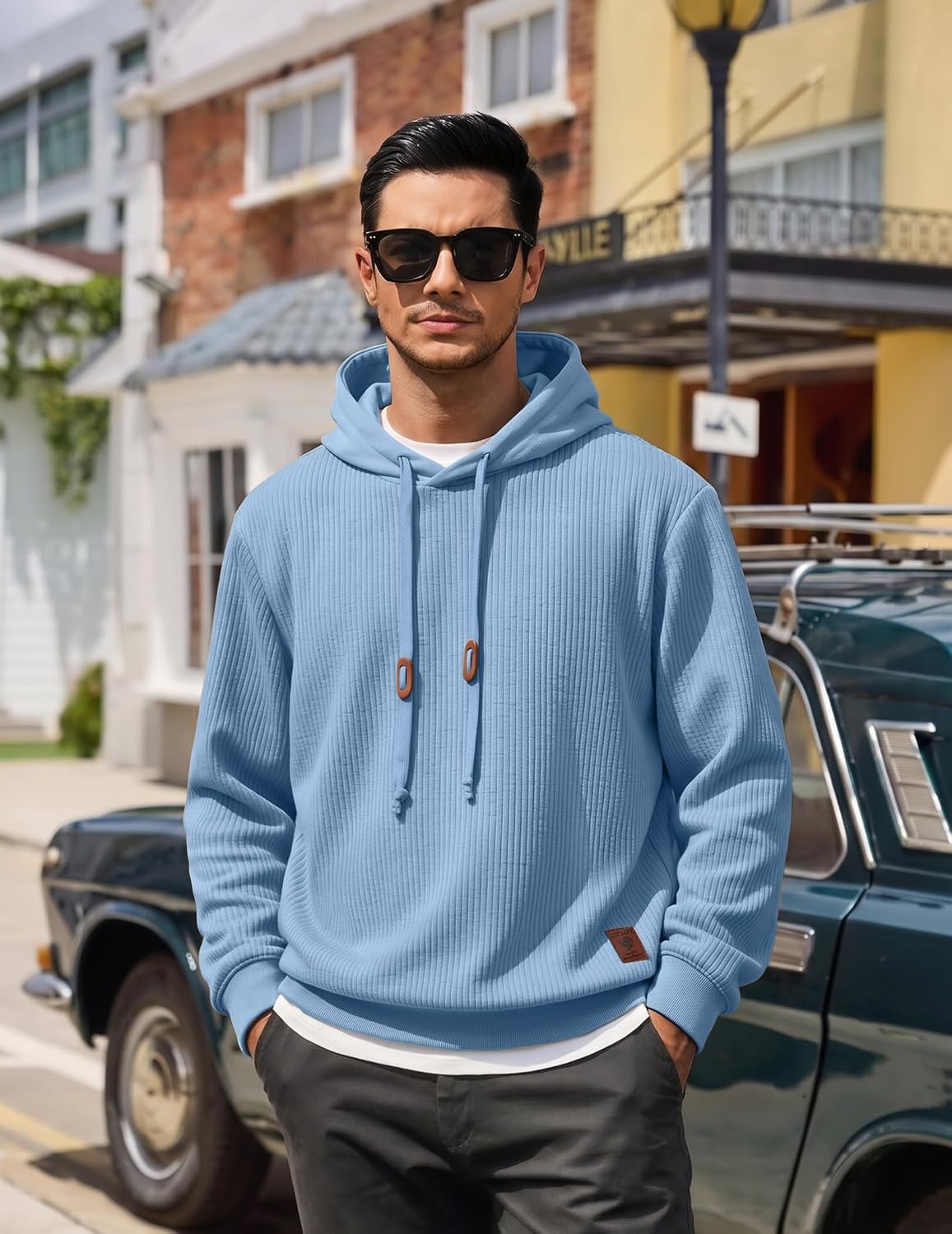 image:imageCOOFANDY Men Hoodies Sweatshirt Casual Long Sleeve Drawstring Hood PulloverLight Blue