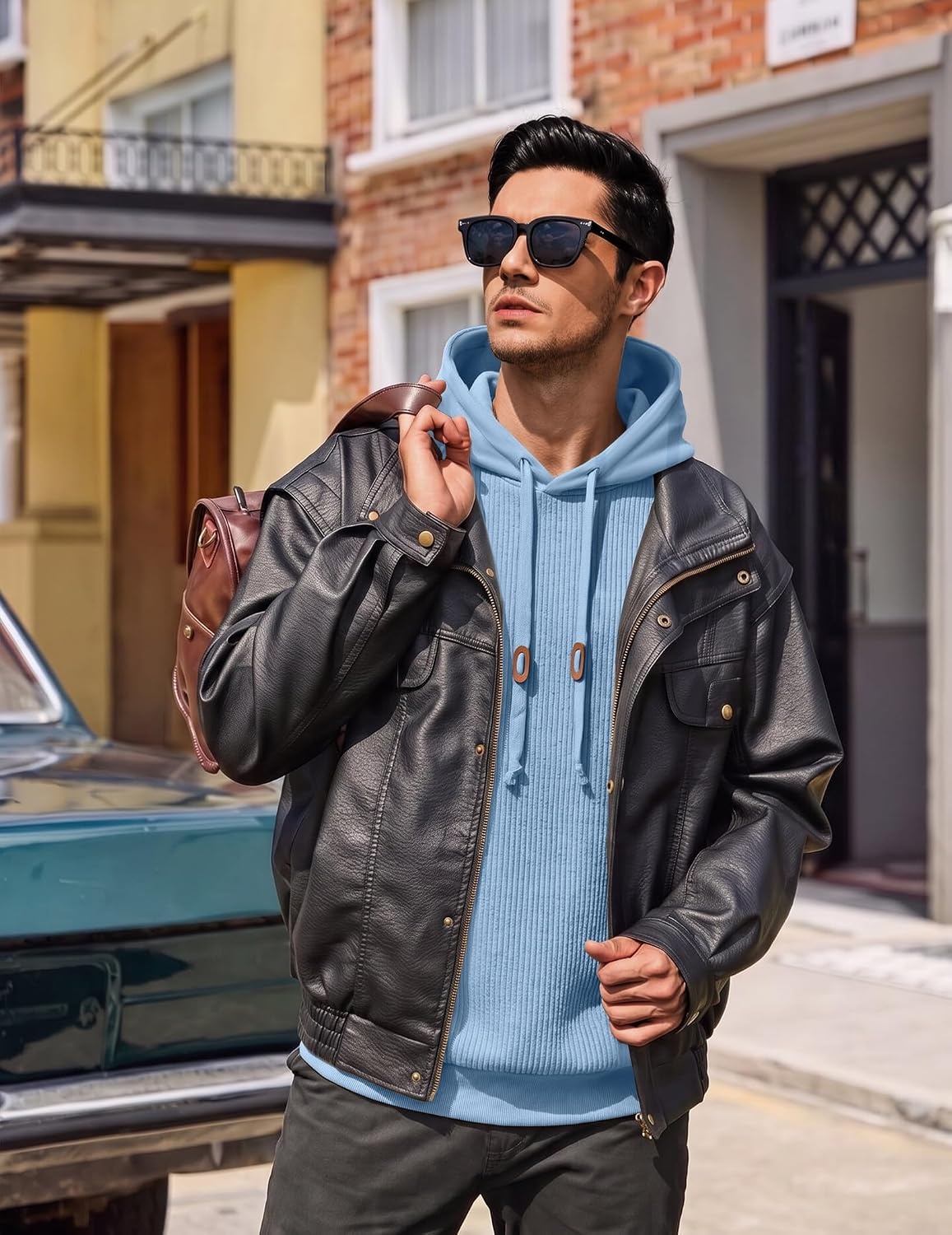 image:imageCOOFANDY Men Hoodies Sweatshirt Casual Long Sleeve Drawstring Hood PulloverLight Blue