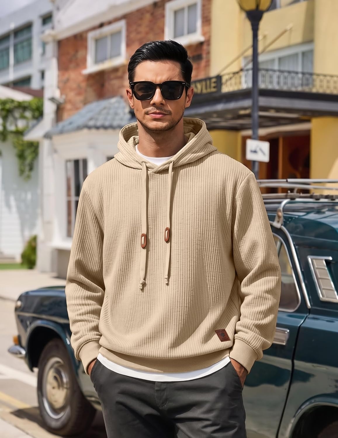 image:imageCOOFANDY Men Hoodies Sweatshirt Casual Long Sleeve Drawstring Hood PulloverLight Khaki