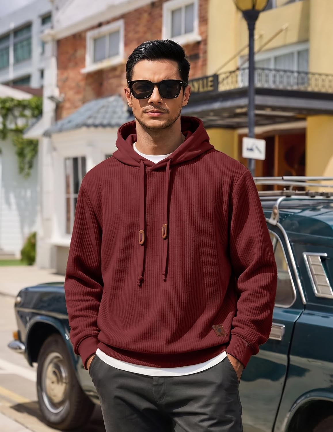 image:imageCOOFANDY Men Hoodies Sweatshirt Casual Long Sleeve Drawstring Hood PulloverWine Red