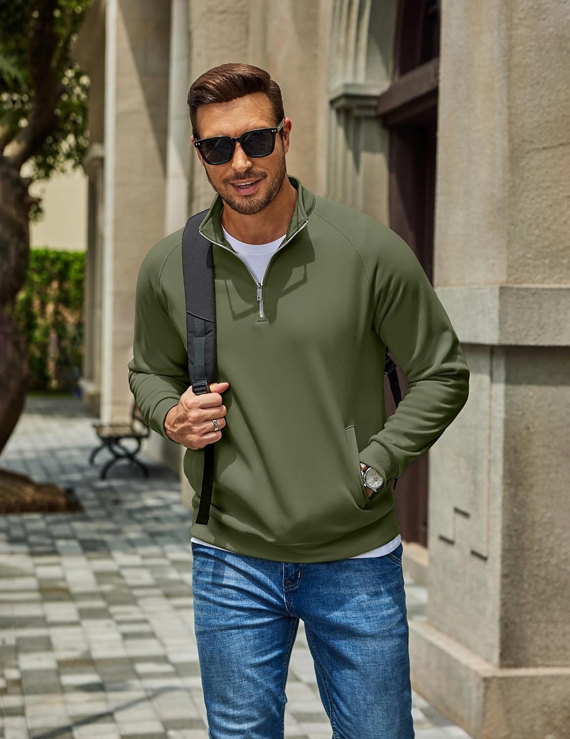image:imageCOOFANDY Men Quarter Zip Pullover 14 Zip Mock Neck Fleece SweatshirtArmy Green