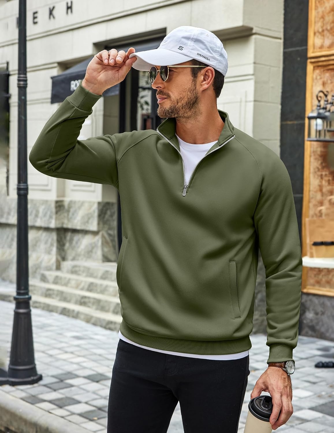 image:imageCOOFANDY Men Quarter Zip Pullover 14 Zip Mock Neck Fleece SweatshirtArmy Green