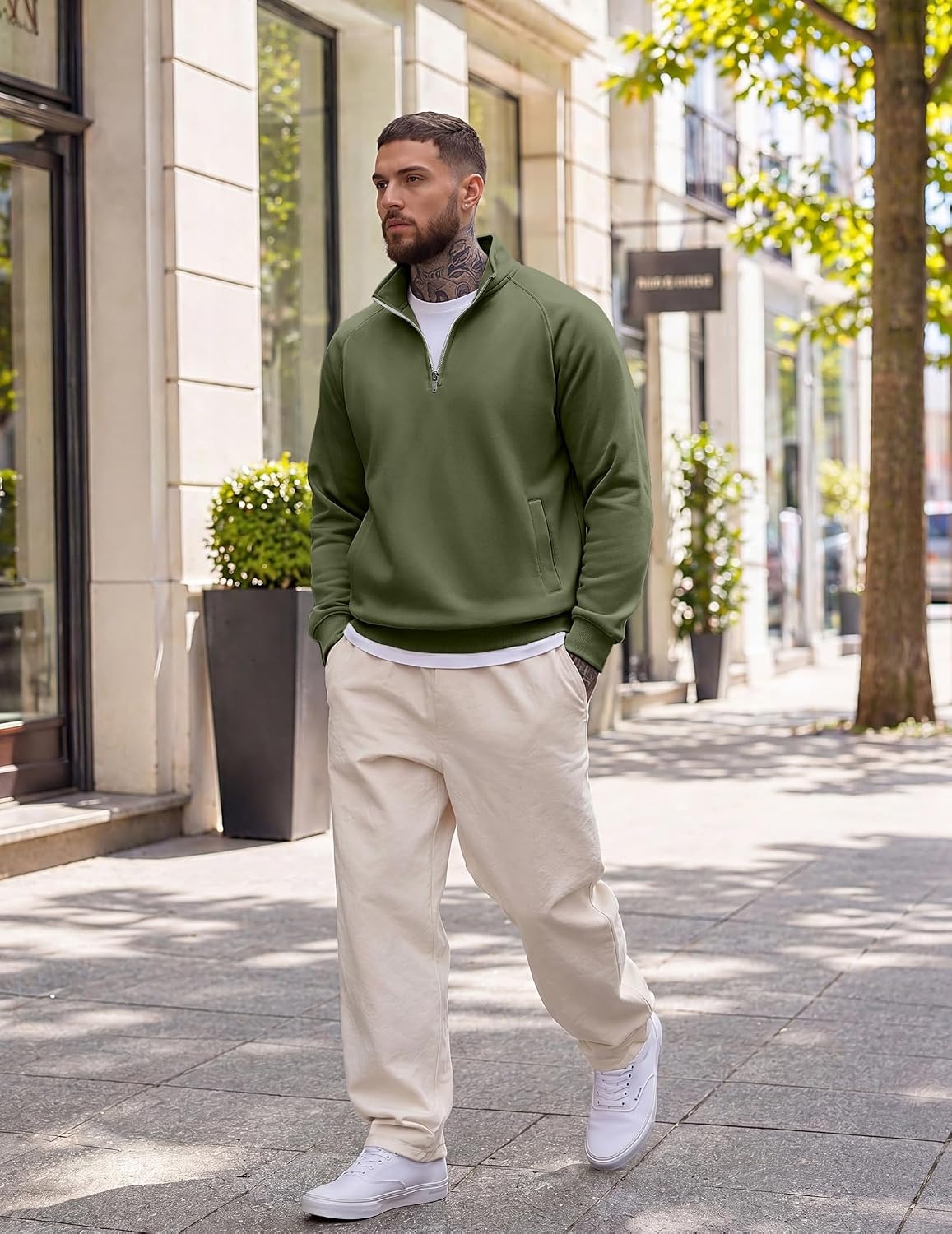 image:imageCOOFANDY Men Quarter Zip Pullover 14 Zip Mock Neck Fleece SweatshirtArmy Green