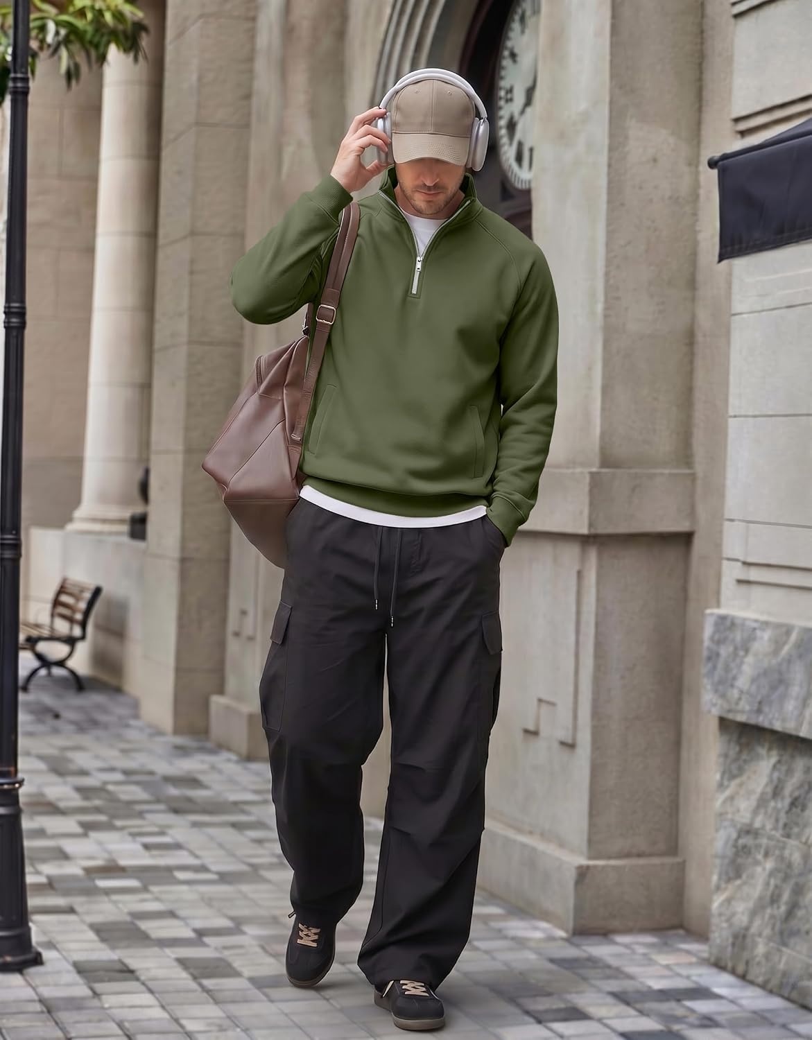 image:imageCOOFANDY Men Quarter Zip Pullover 14 Zip Mock Neck Fleece SweatshirtArmy Green