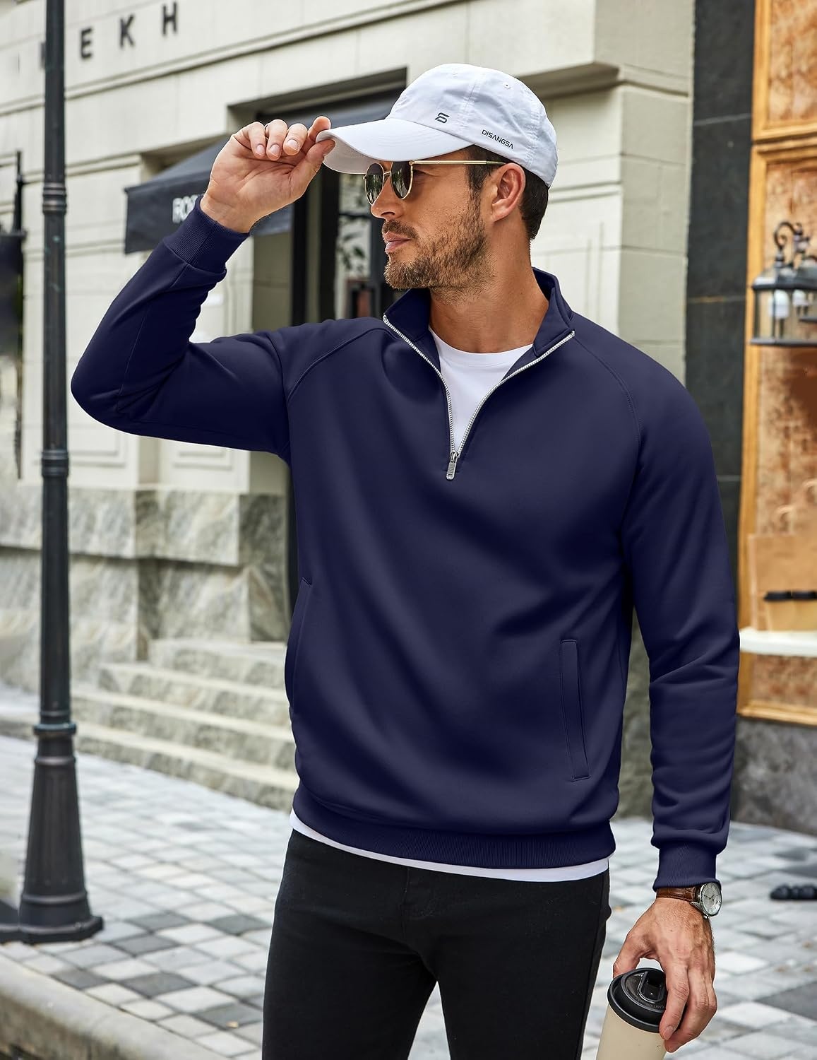 image:imageCOOFANDY Men Quarter Zip Pullover 14 Zip Mock Neck Fleece SweatshirtDark Blue