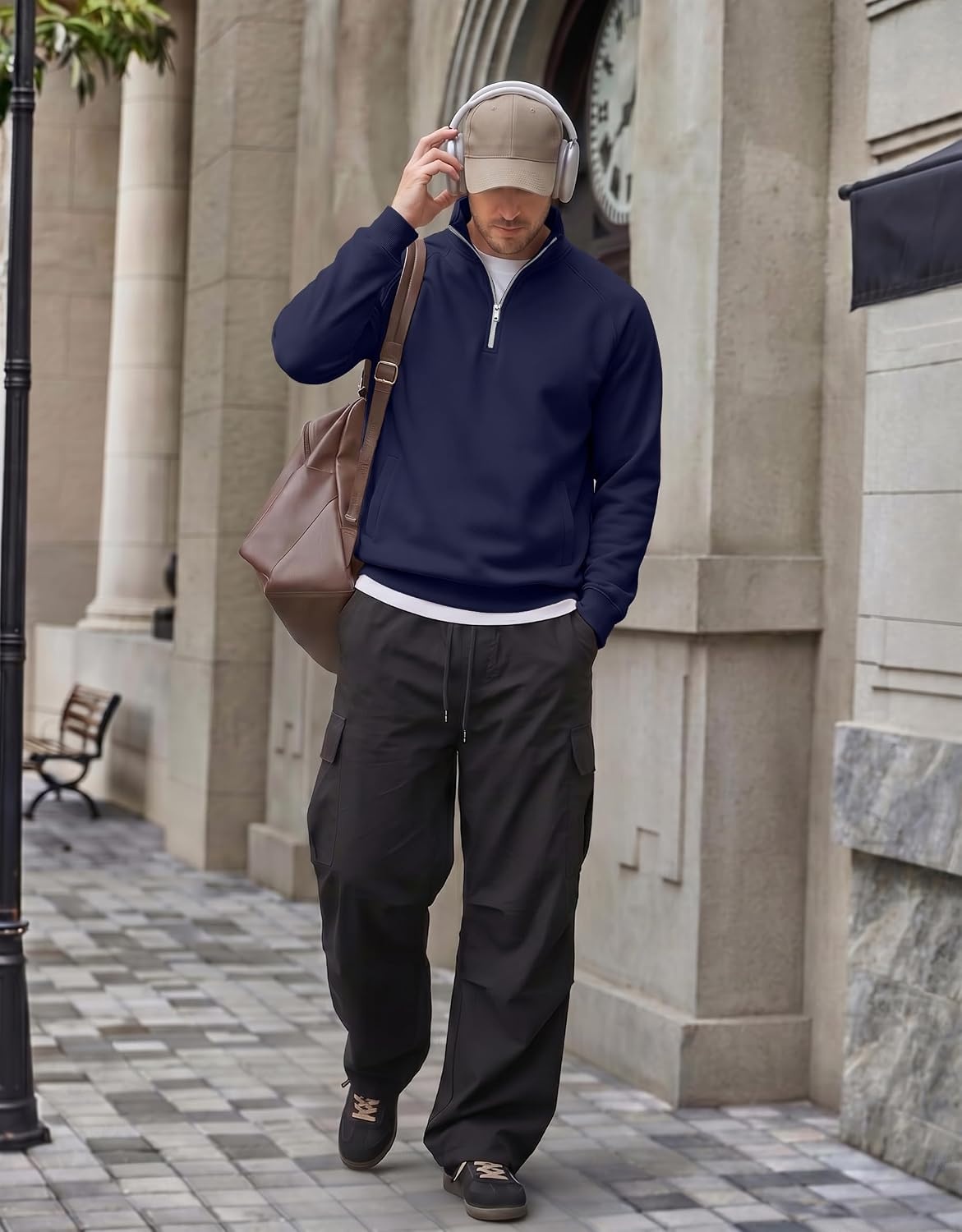 image:imageCOOFANDY Men Quarter Zip Pullover 14 Zip Mock Neck Fleece SweatshirtDark Blue