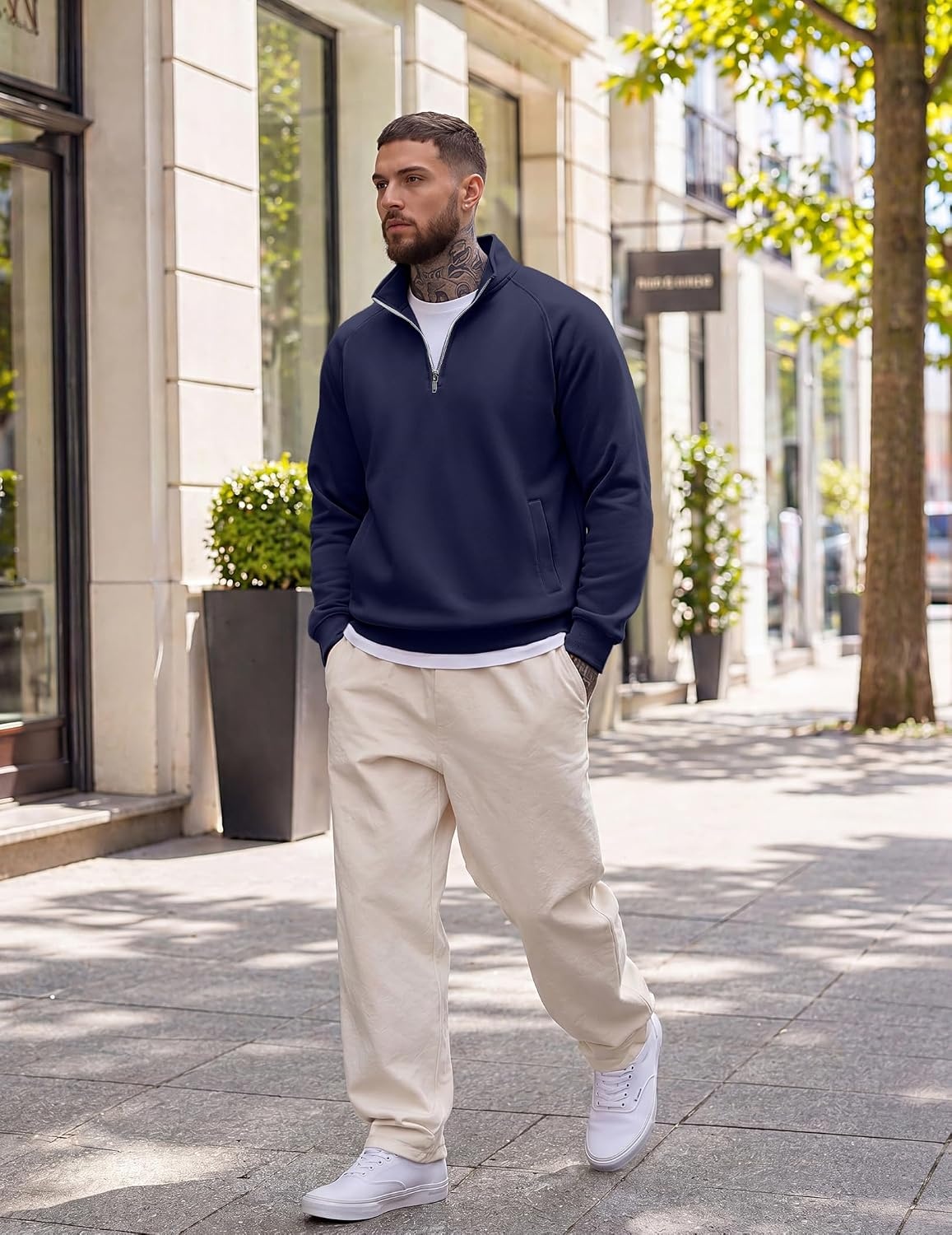 image:imageCOOFANDY Men Quarter Zip Pullover 14 Zip Mock Neck Fleece SweatshirtDark Blue
