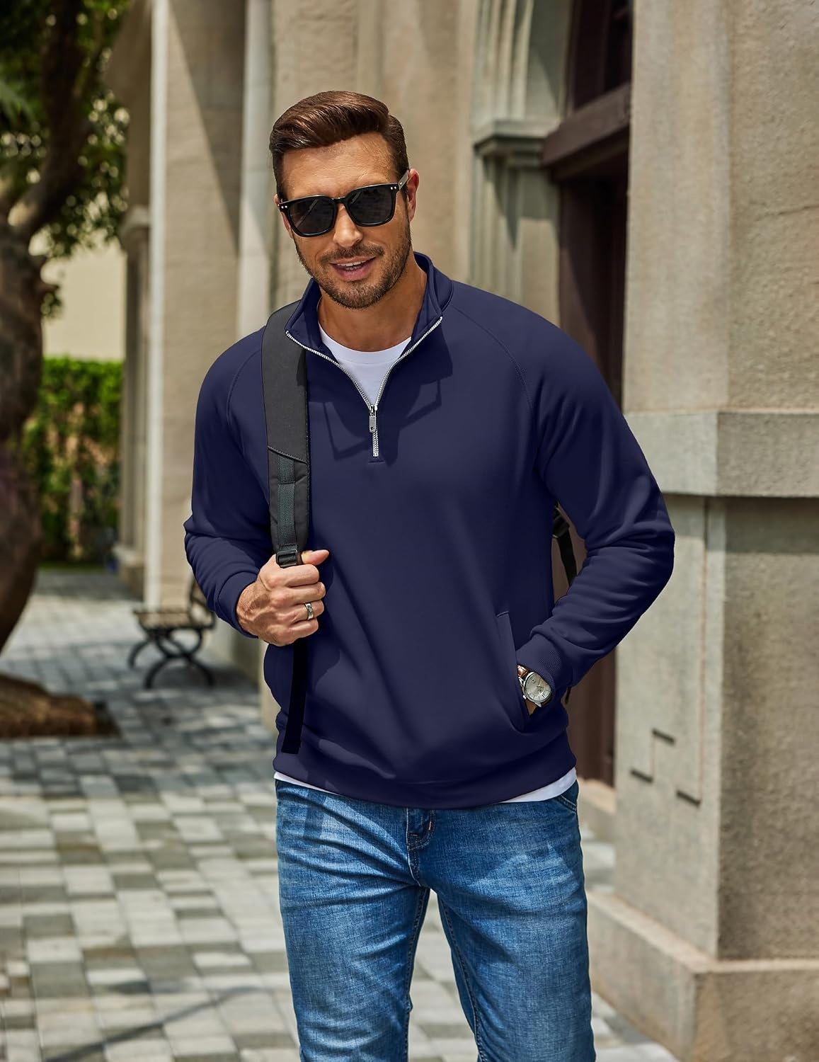 image:imageCOOFANDY Men Quarter Zip Pullover 14 Zip Mock Neck Fleece SweatshirtDark Blue