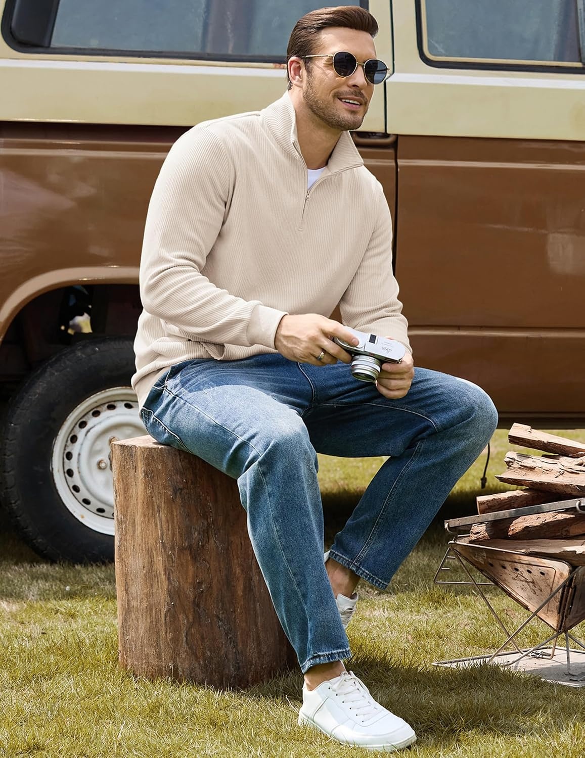 image:imageCOOFANDY Men Quarter Zip Pullover Mock Neck Long Sleeve Corduroy SweatshirtBeige