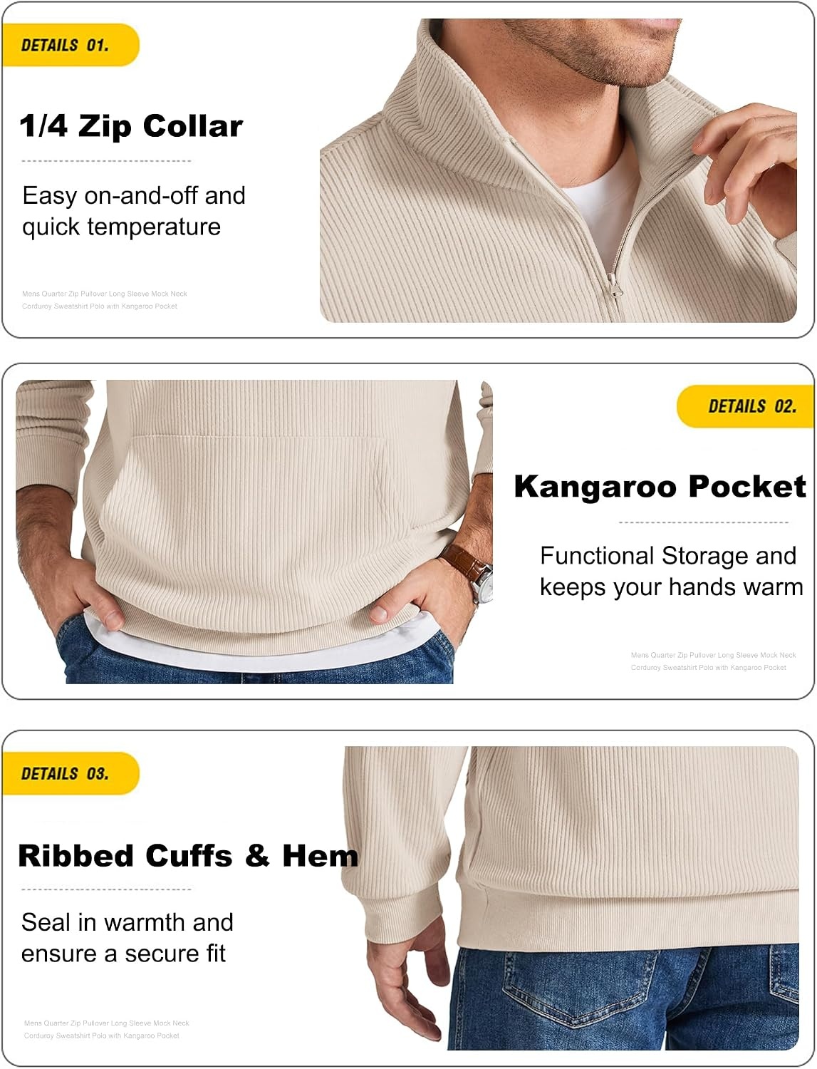 image:imageCOOFANDY Men Quarter Zip Pullover Mock Neck Long Sleeve Corduroy SweatshirtBeige