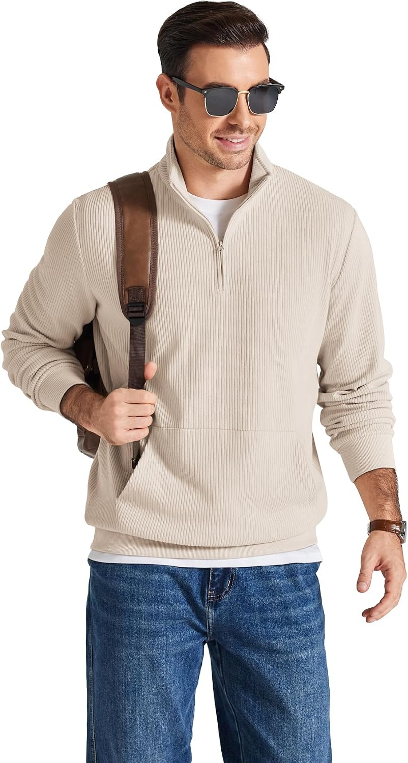 image:imageCOOFANDY Men Quarter Zip Pullover Mock Neck Long Sleeve Corduroy SweatshirtBeige