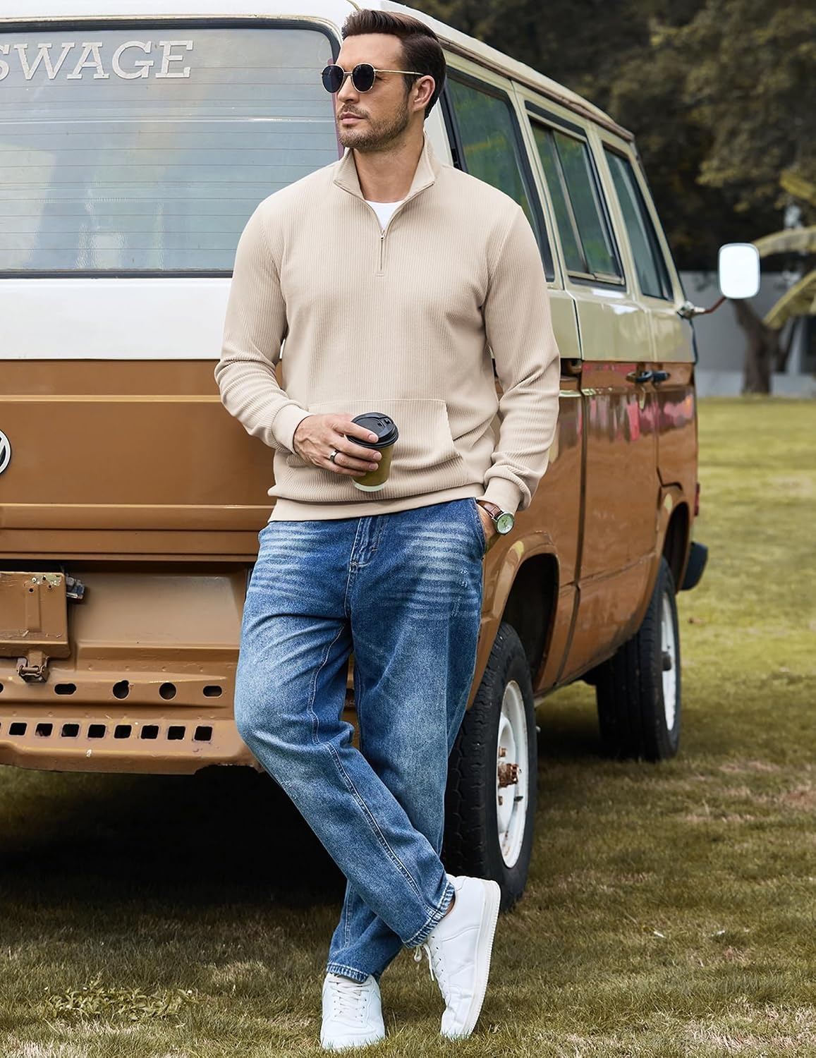 image:imageCOOFANDY Men Quarter Zip Pullover Mock Neck Long Sleeve Corduroy SweatshirtBeige
