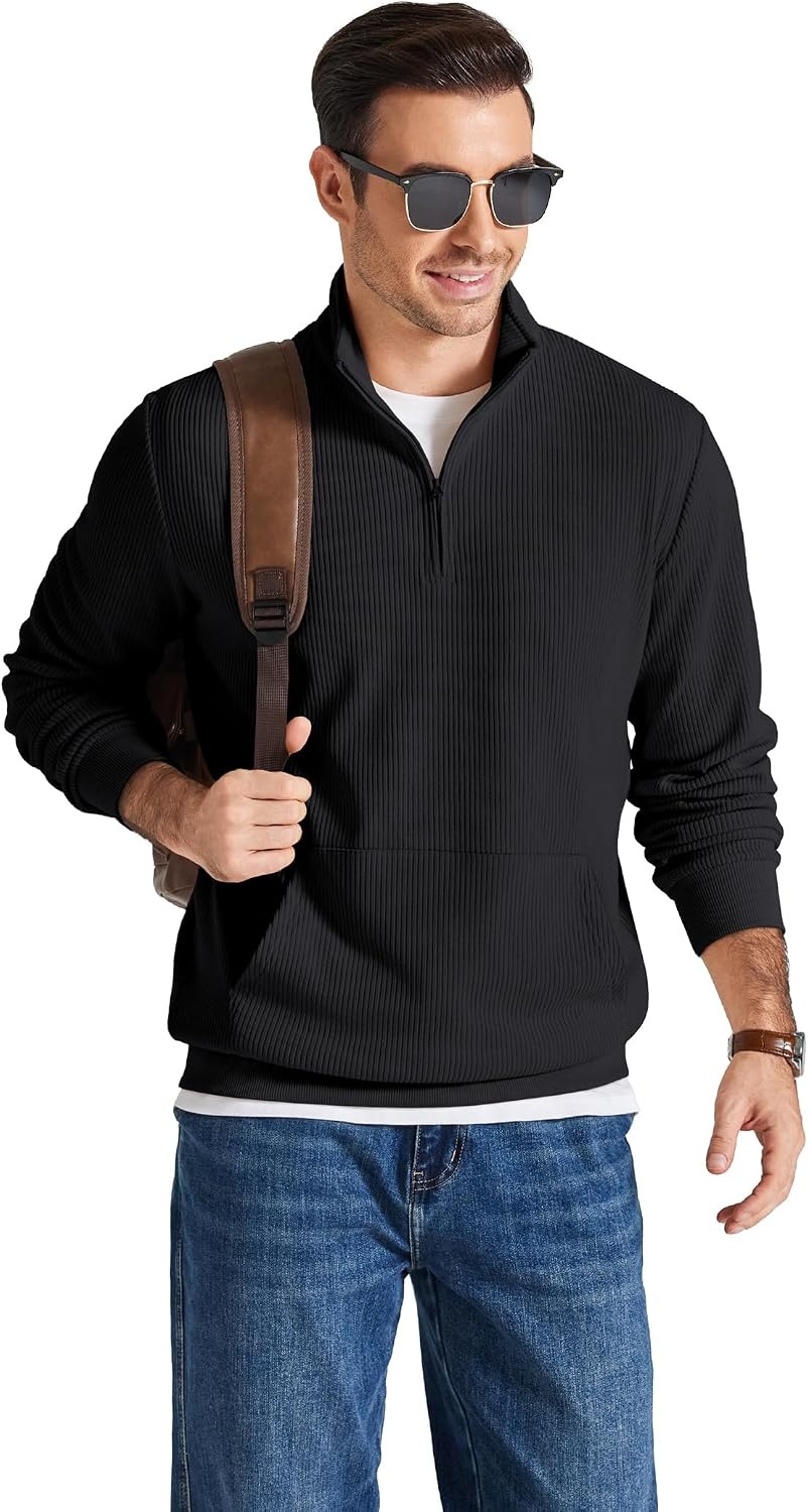 image:imageCOOFANDY Men Quarter Zip Pullover Mock Neck Long Sleeve Corduroy SweatshirtBlack