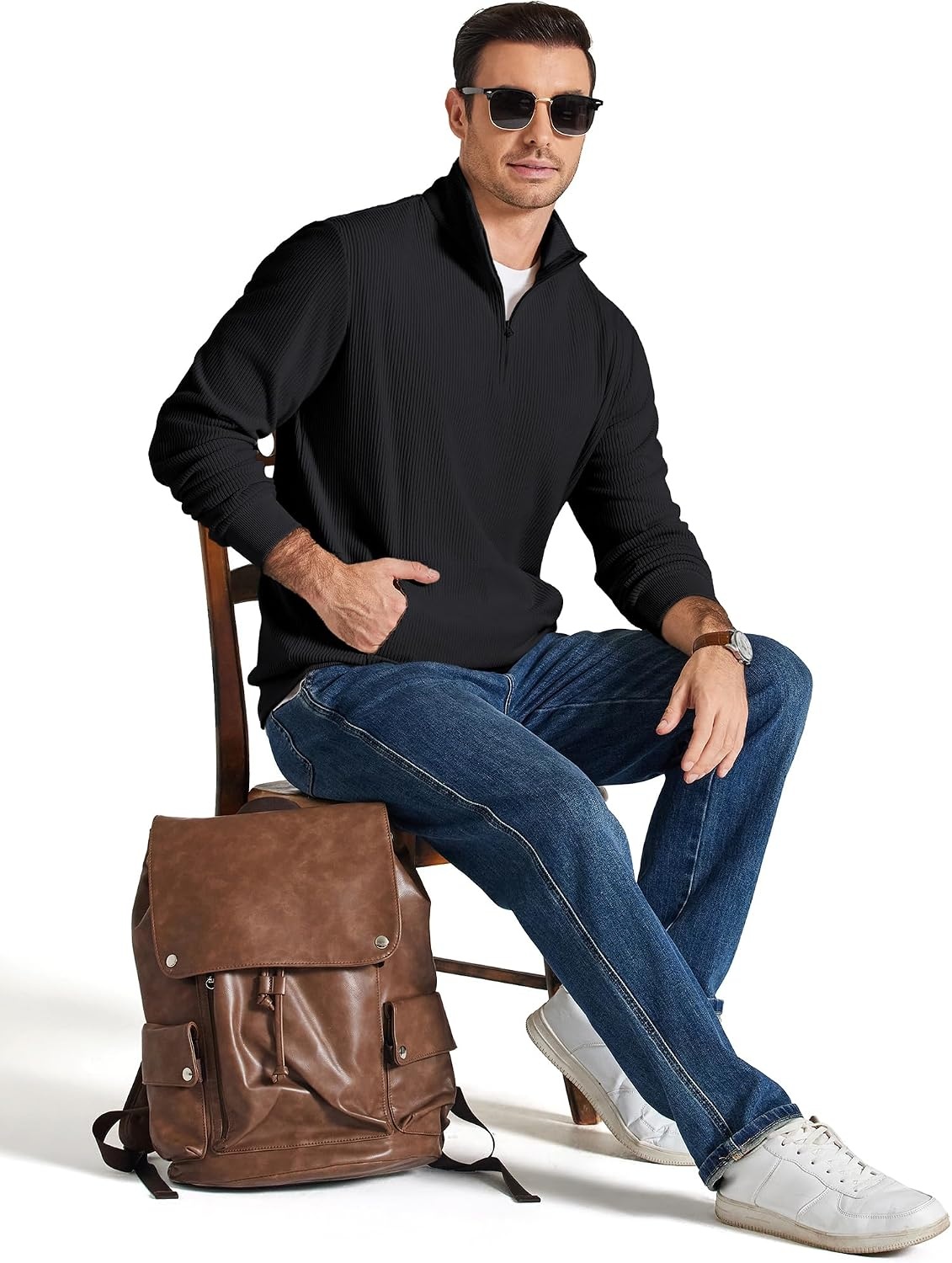 image:imageCOOFANDY Men Quarter Zip Pullover Mock Neck Long Sleeve Corduroy SweatshirtBlack