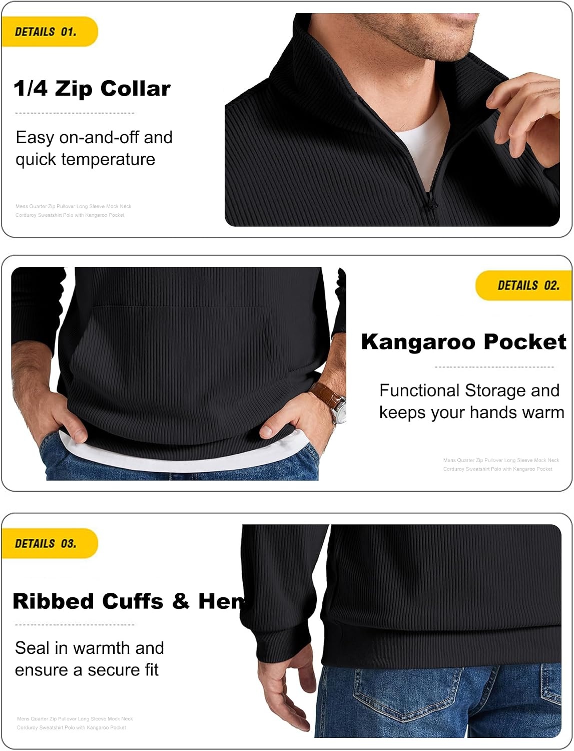image:imageCOOFANDY Men Quarter Zip Pullover Mock Neck Long Sleeve Corduroy SweatshirtBlack
