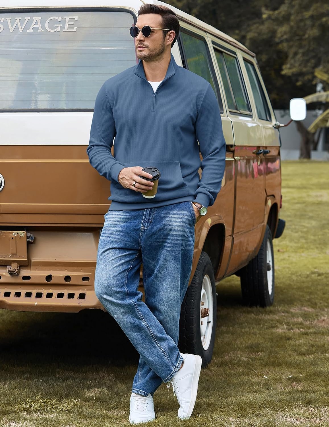 image:imageCOOFANDY Men Quarter Zip Pullover Mock Neck Long Sleeve Corduroy SweatshirtBlue