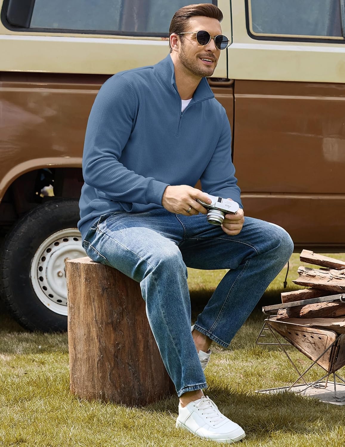 image:imageCOOFANDY Men Quarter Zip Pullover Mock Neck Long Sleeve Corduroy SweatshirtBlue