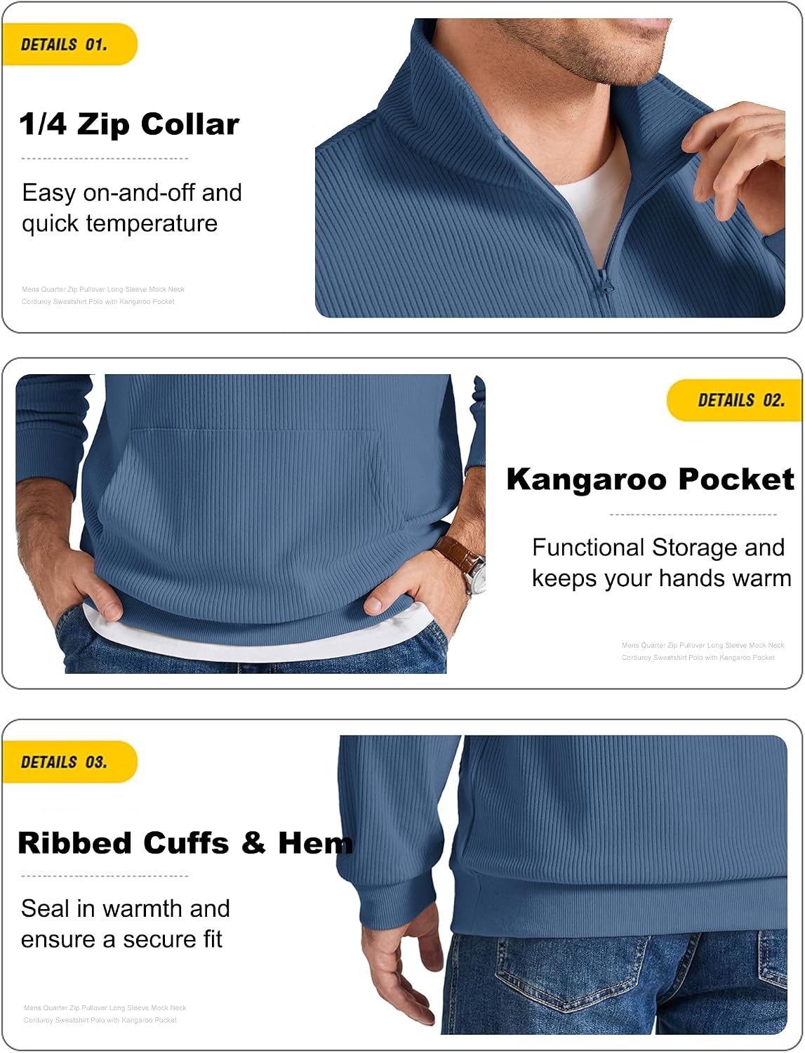 image:imageCOOFANDY Men Quarter Zip Pullover Mock Neck Long Sleeve Corduroy SweatshirtBlue