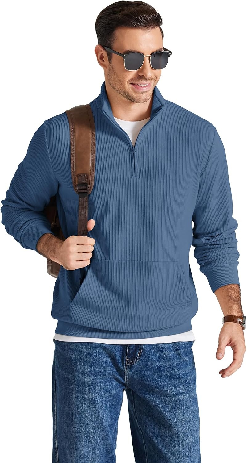 image:imageCOOFANDY Men Quarter Zip Pullover Mock Neck Long Sleeve Corduroy SweatshirtBlue