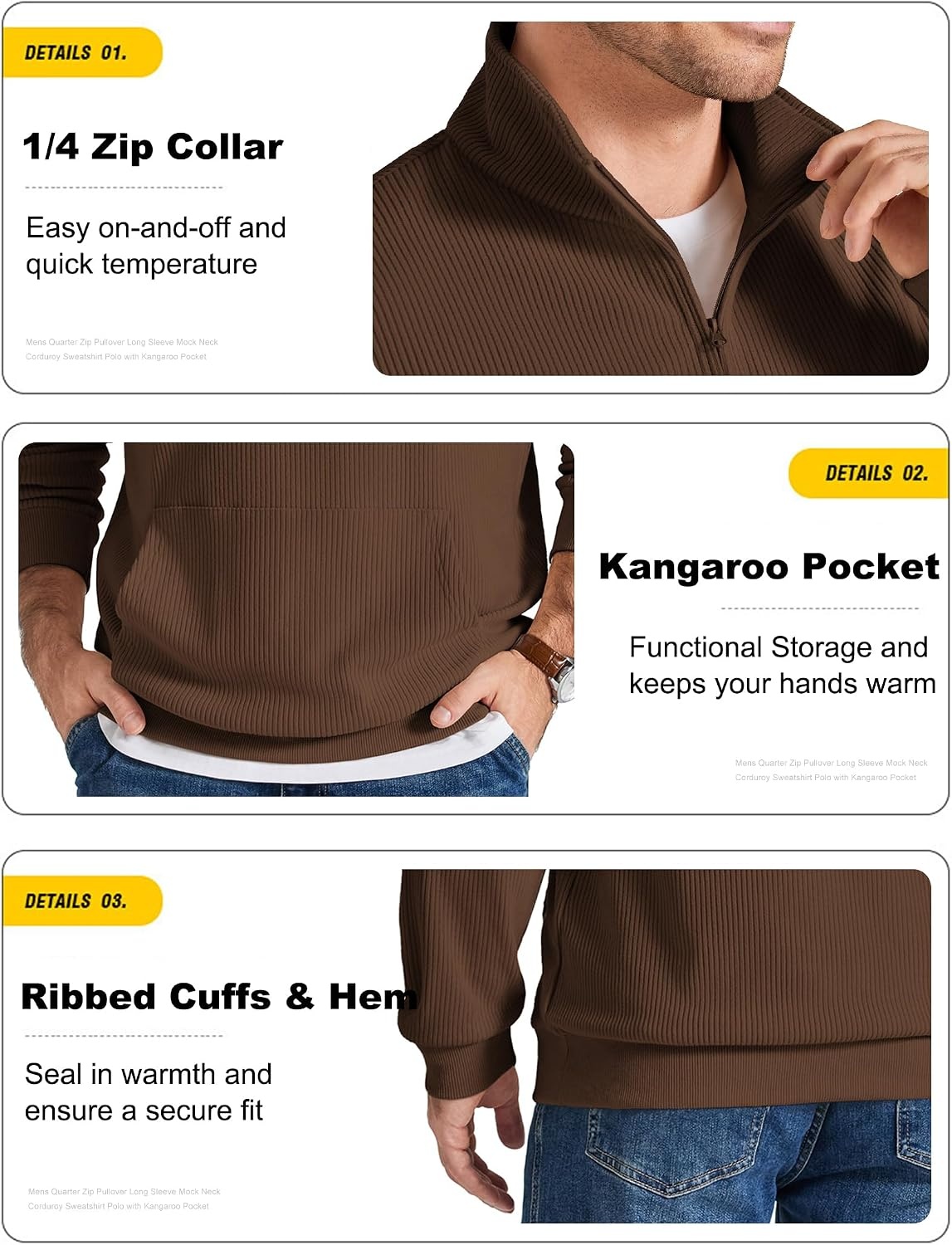 image:imageCOOFANDY Men Quarter Zip Pullover Mock Neck Long Sleeve Corduroy SweatshirtBrown