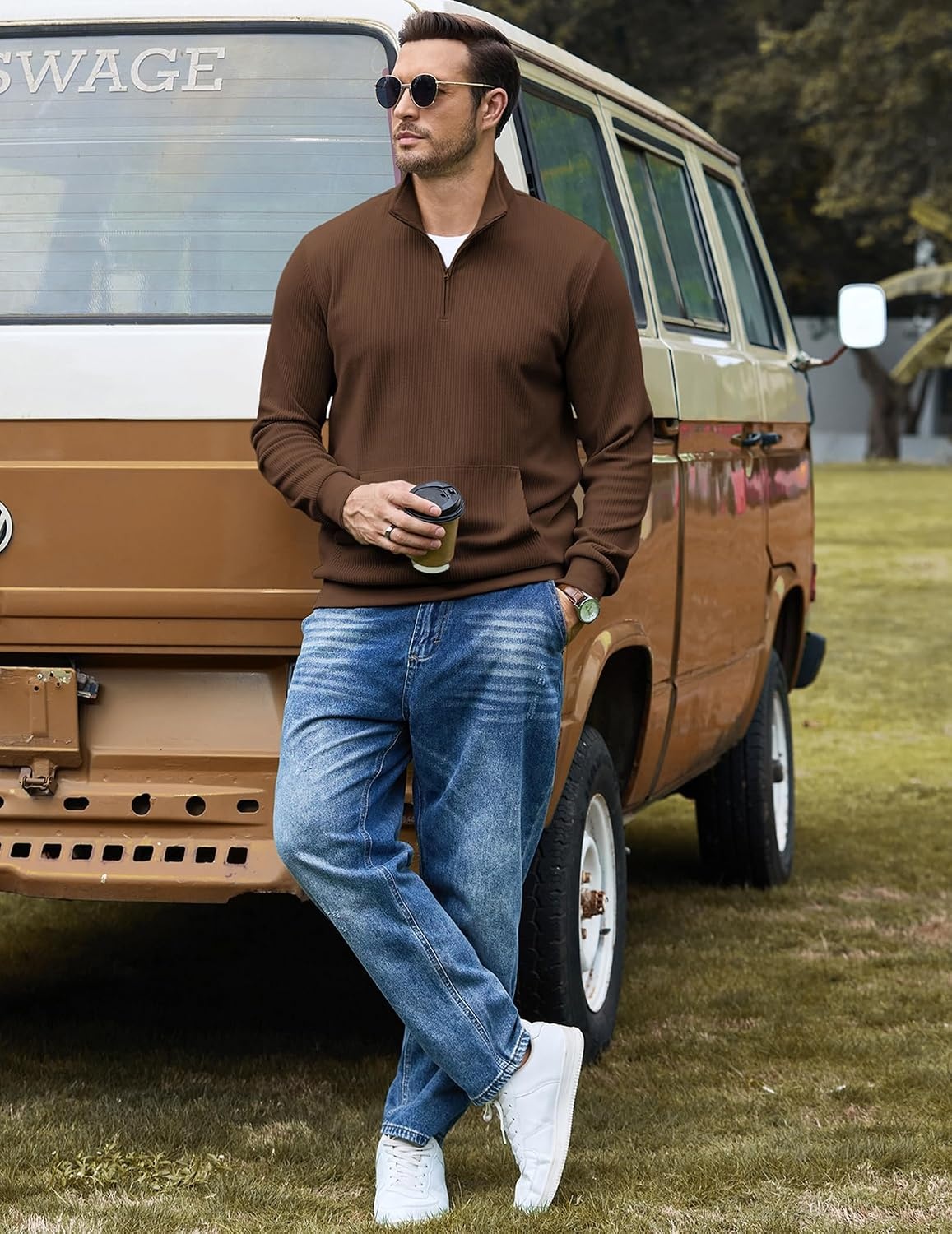 image:imageCOOFANDY Men Quarter Zip Pullover Mock Neck Long Sleeve Corduroy SweatshirtBrown