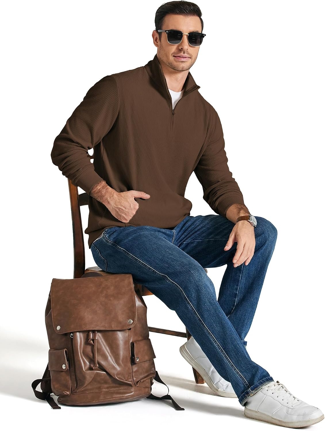 image:imageCOOFANDY Men Quarter Zip Pullover Mock Neck Long Sleeve Corduroy SweatshirtBrown