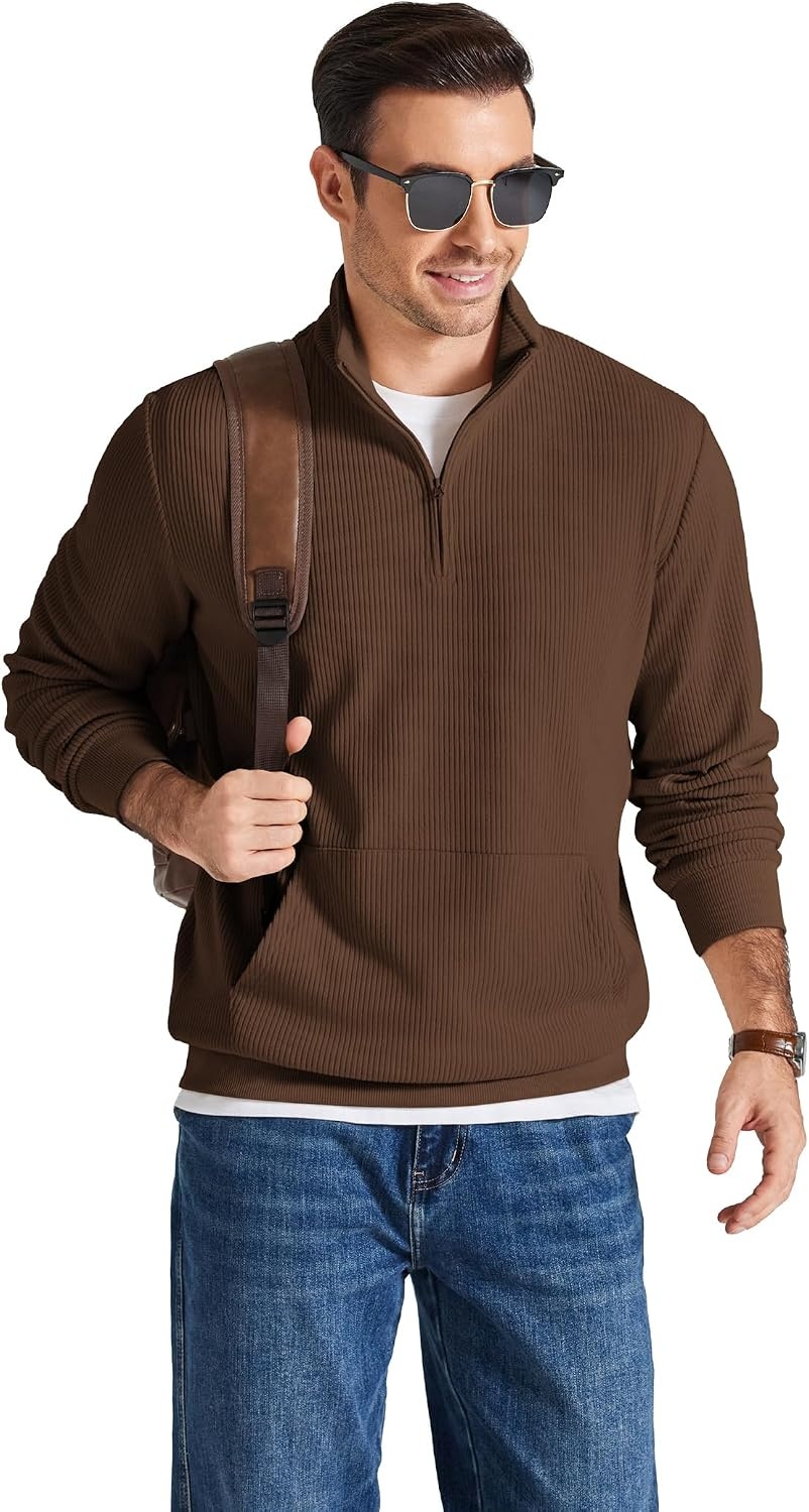 image:imageCOOFANDY Men Quarter Zip Pullover Mock Neck Long Sleeve Corduroy SweatshirtBrown