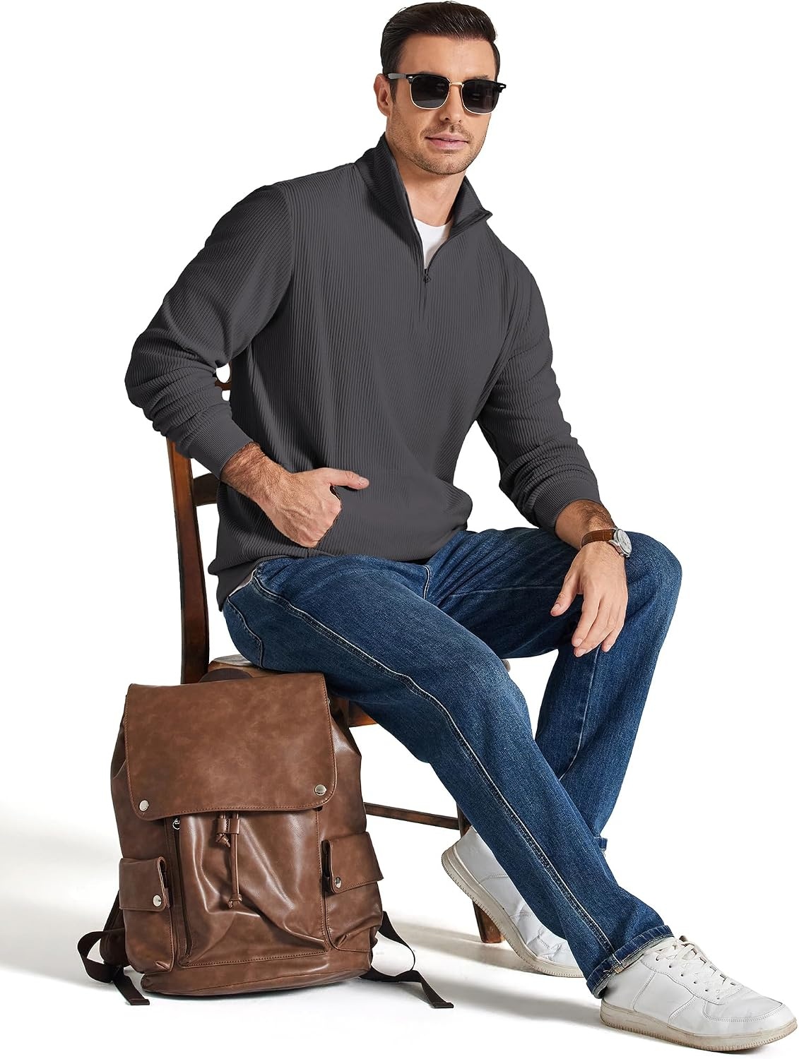 image:imageCOOFANDY Men Quarter Zip Pullover Mock Neck Long Sleeve Corduroy SweatshirtDark Grey