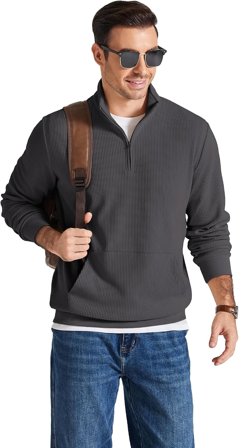image:imageCOOFANDY Men Quarter Zip Pullover Mock Neck Long Sleeve Corduroy SweatshirtDark Grey
