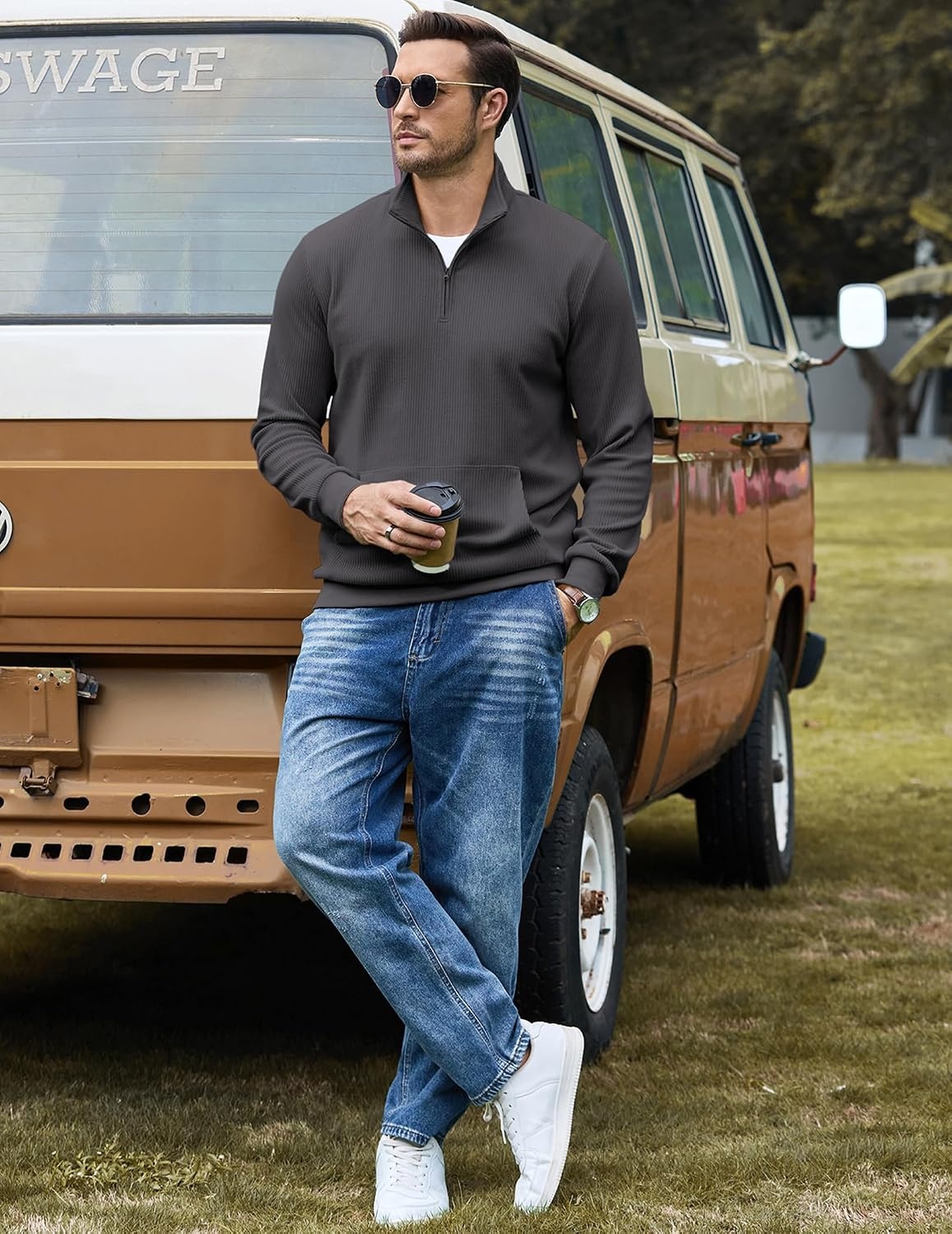 image:imageCOOFANDY Men Quarter Zip Pullover Mock Neck Long Sleeve Corduroy SweatshirtDark Grey