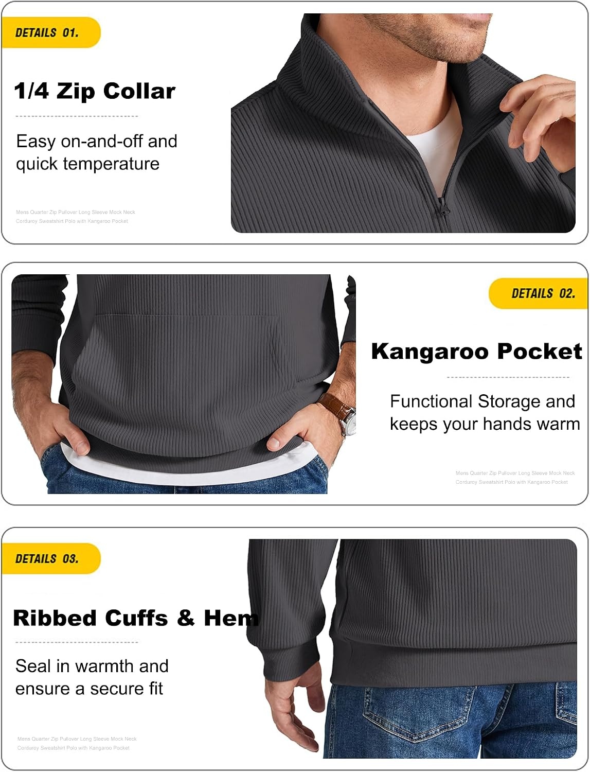 image:imageCOOFANDY Men Quarter Zip Pullover Mock Neck Long Sleeve Corduroy SweatshirtDark Grey