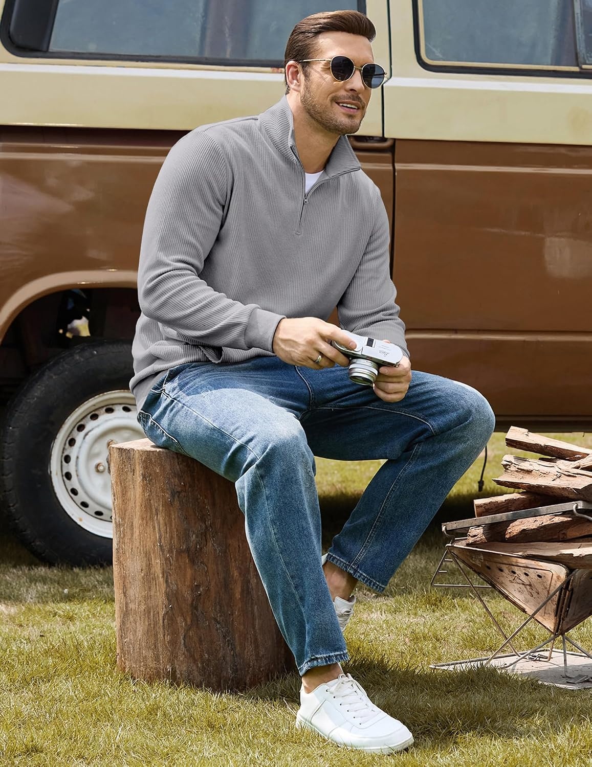 image:imageCOOFANDY Men Quarter Zip Pullover Mock Neck Long Sleeve Corduroy SweatshirtGrey