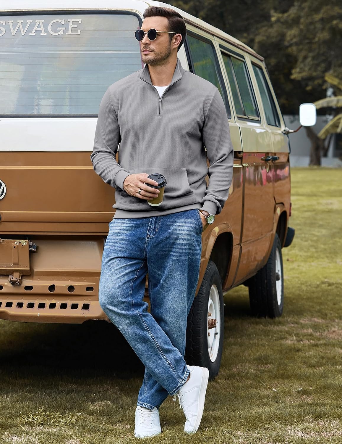 image:imageCOOFANDY Men Quarter Zip Pullover Mock Neck Long Sleeve Corduroy SweatshirtGrey