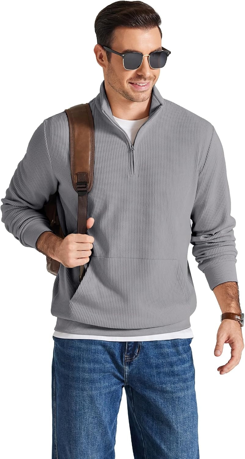image:imageCOOFANDY Men Quarter Zip Pullover Mock Neck Long Sleeve Corduroy SweatshirtGrey